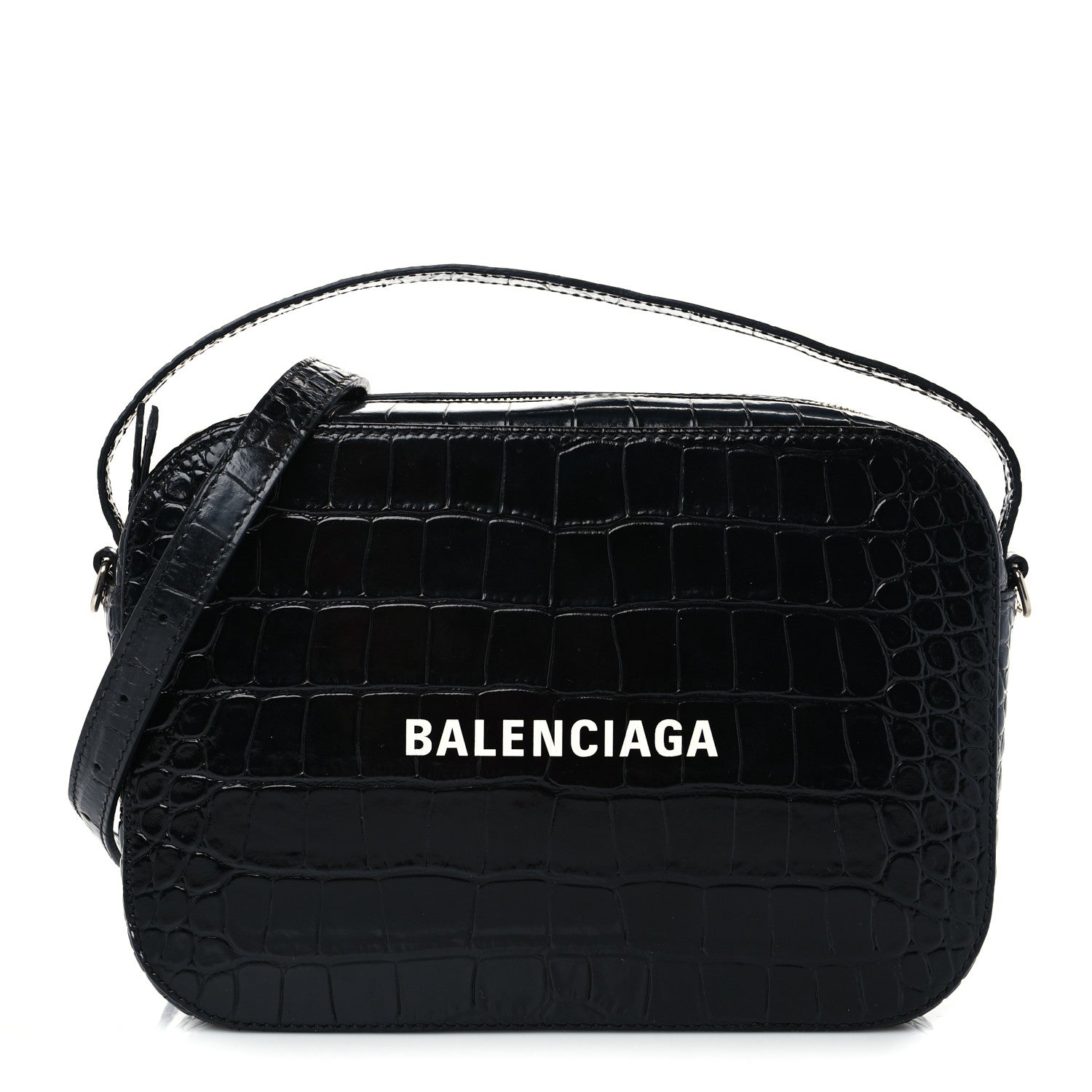 Balenciaga Shiny Calfskin Logo Crocodile Embossed S Everyday Camera Bag with Handle Black 1 of 8