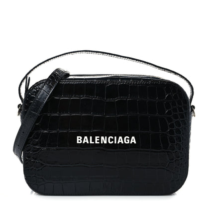 Balenciaga Shiny Calfskin Logo Crocodile Embossed S Everyday Camera Bag with Handle Black 1 of 8