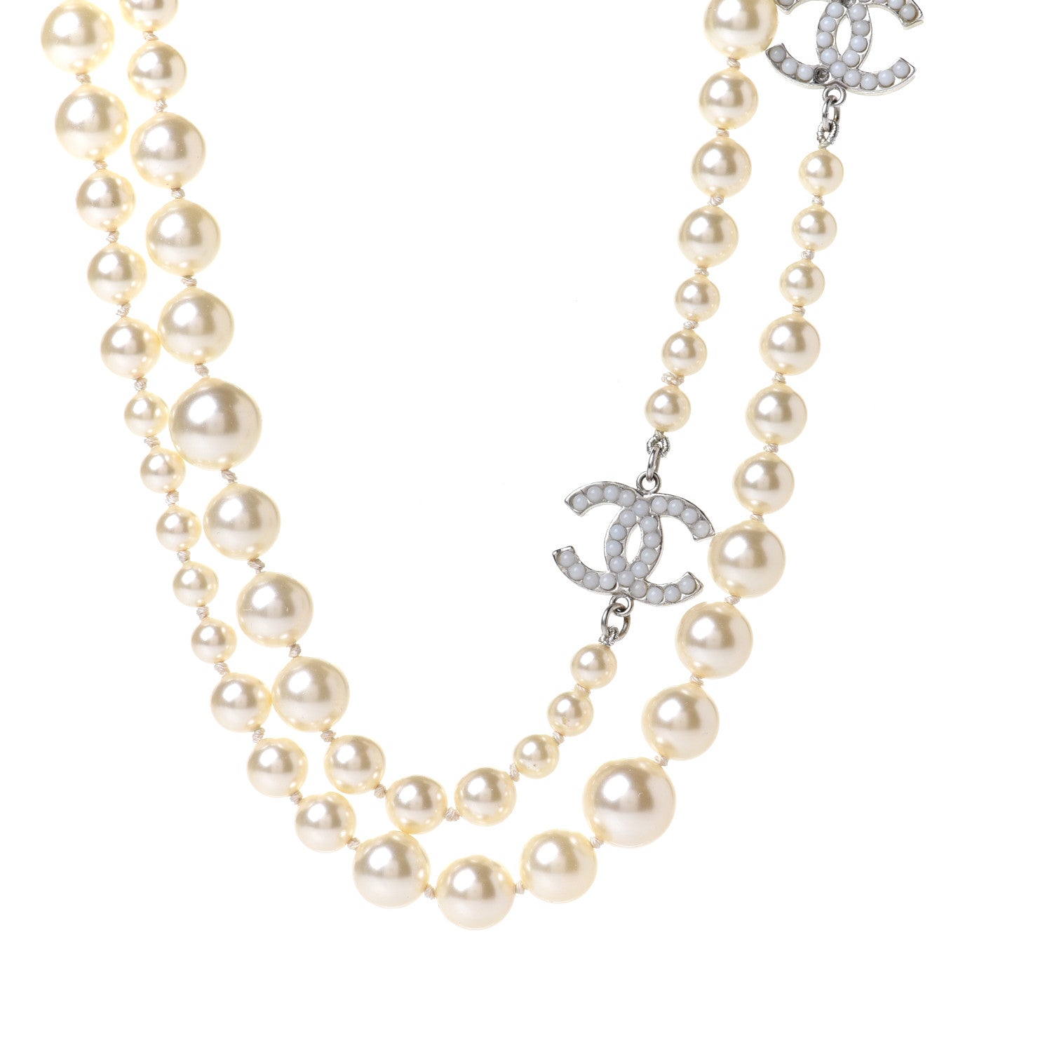 Chanel Graduated Pearl CC Long Necklace Silver 1 of 6