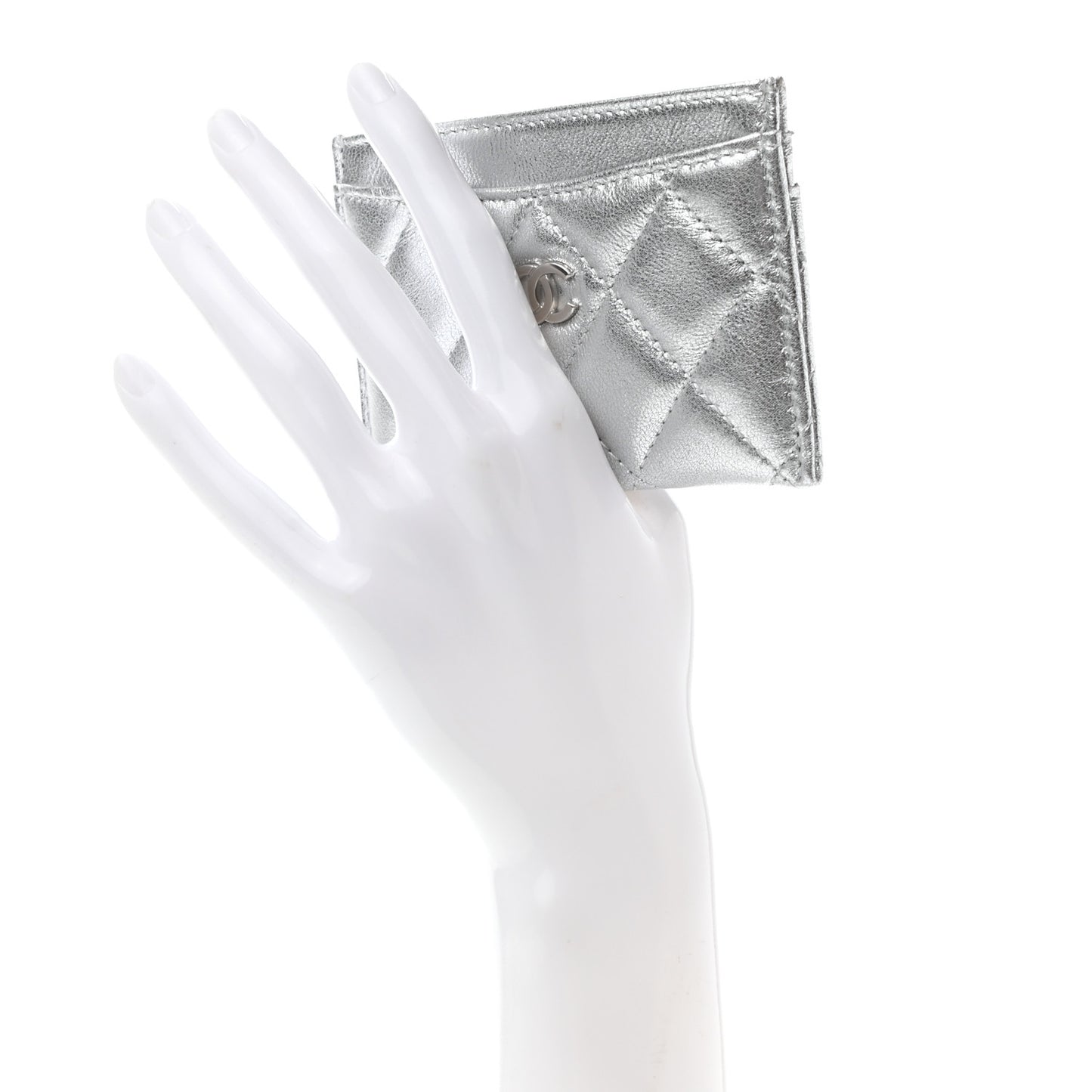 Metallic Lambskin Quilted Card Holder Silver