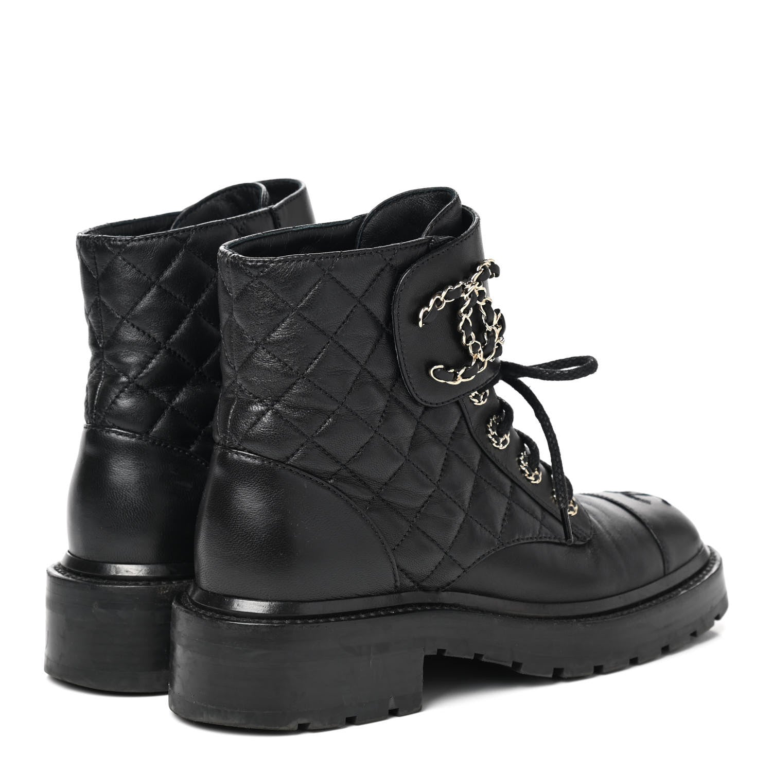 Chanel Shiny Lambskin Quilted Lace Up Combat Boots 35 Black 4 of 11
