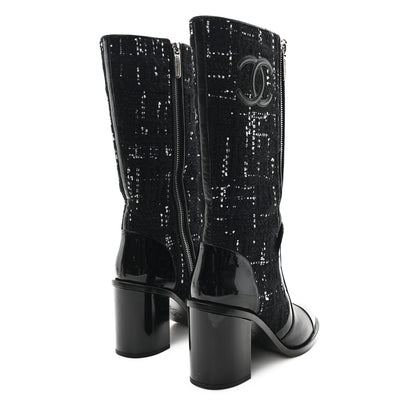 Chanel Tweed Calfskin Patent Cap Toe CC High Boots 39 Black Navy White 5 of 11