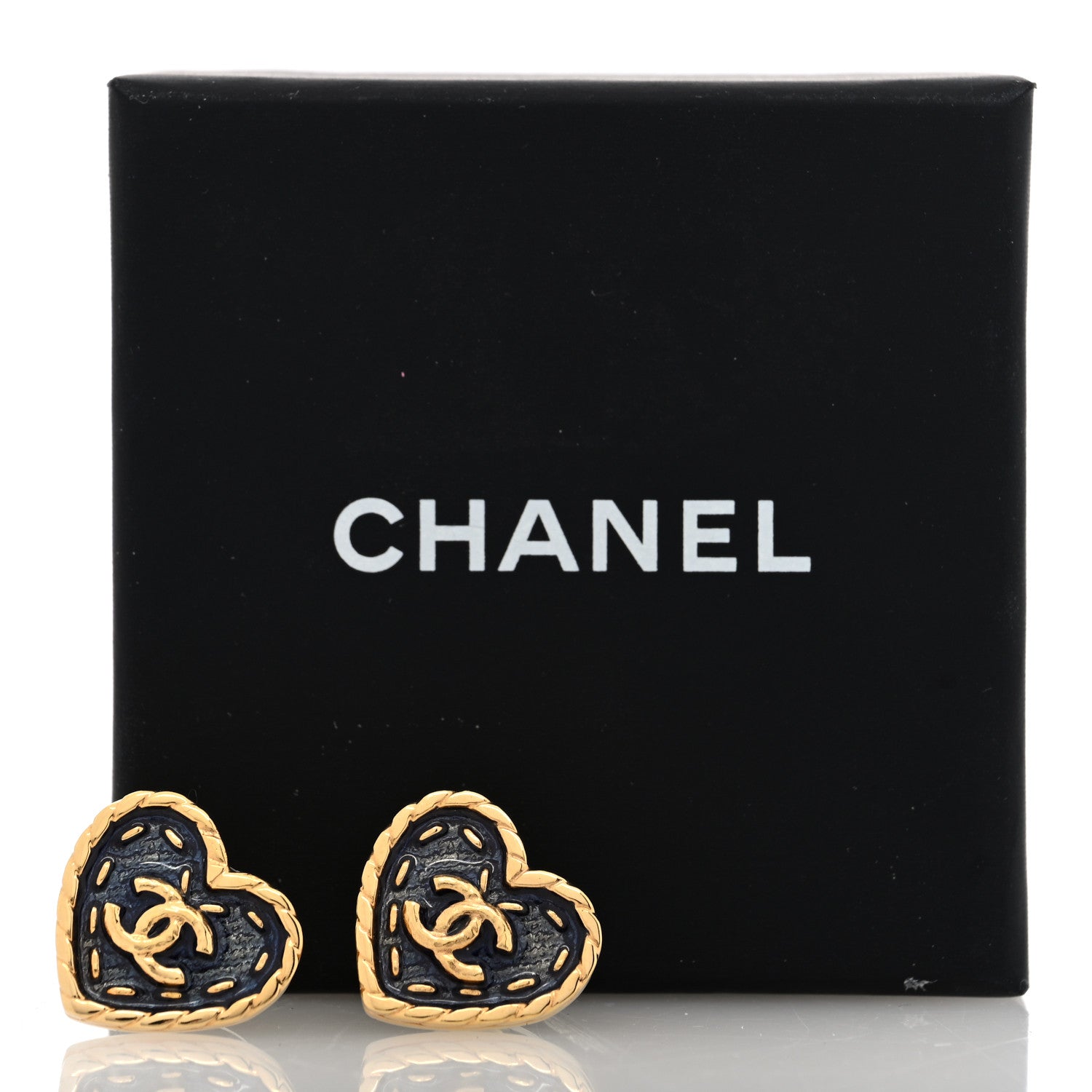 Chanel Metal Enamel CC Denim Heart Earrings Gold Blue 5 of 5