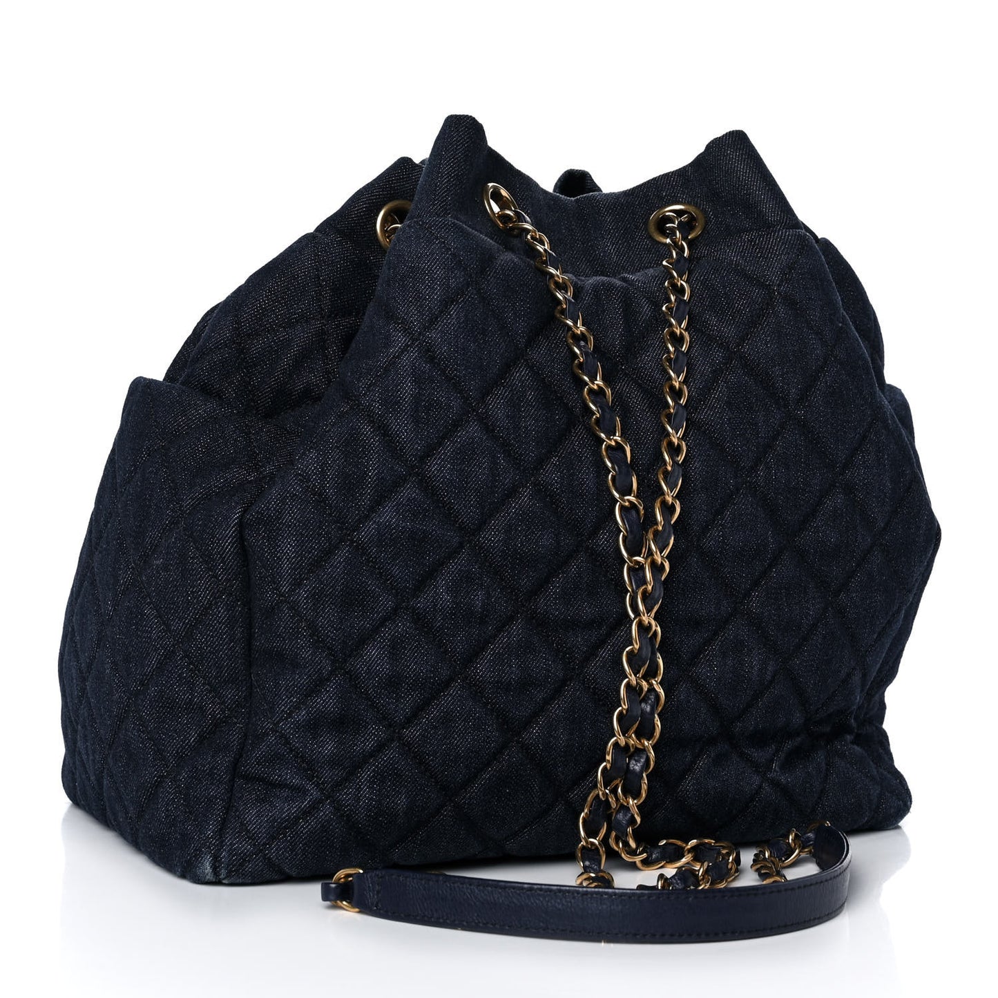 Washed Denim Quilted Small Urban Spirit Drawstring Bag Dark Blue
