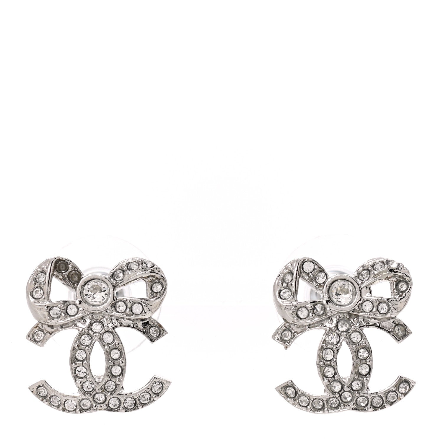 Chanel Crystal CC Bow Drop Earrings Silver 1 of 6
