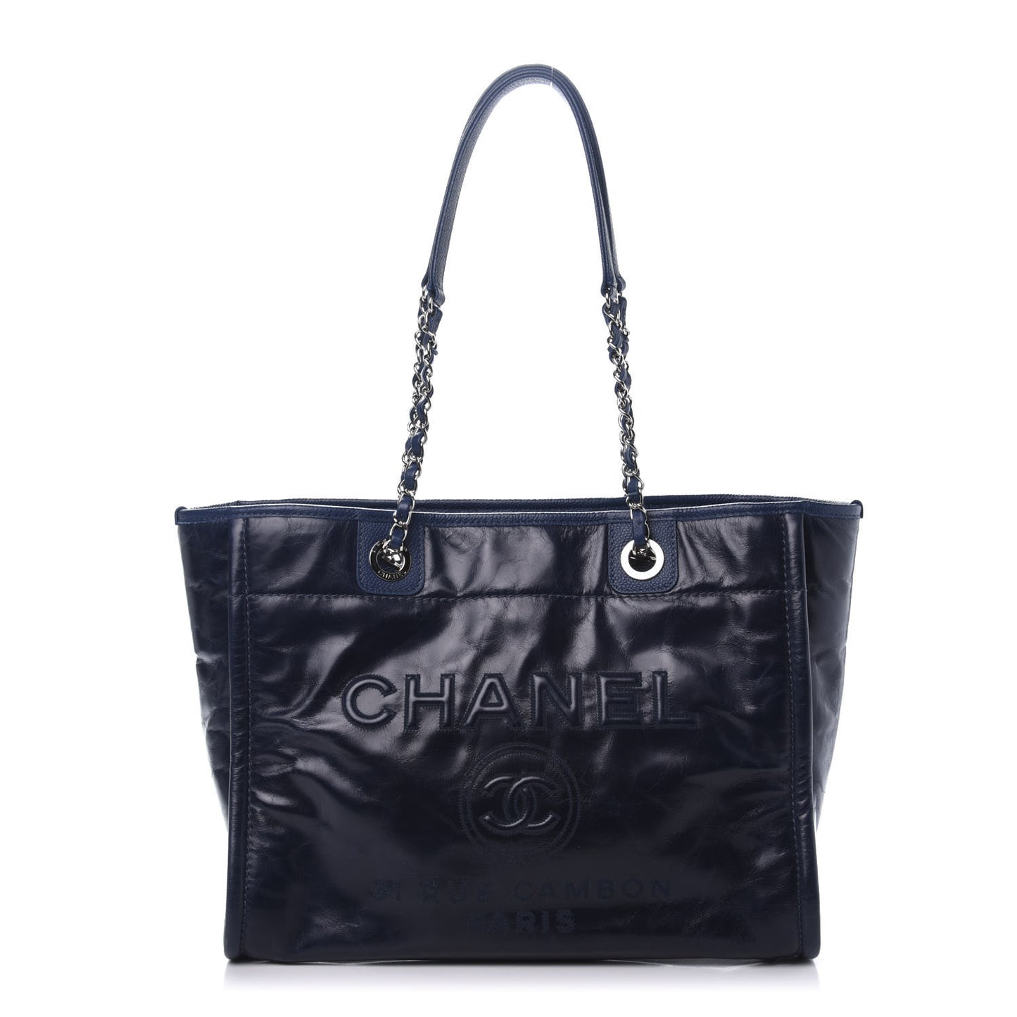 Glazed Calfskin Small Deauville Tote Blue