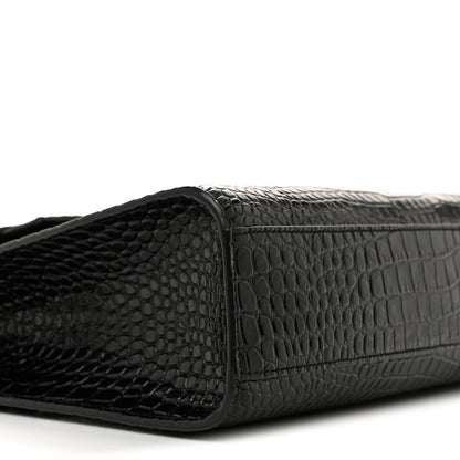 Saint Laurent Shiny Calfskin Crocodile Embossed Manhattan Baguette Black 9 of 10