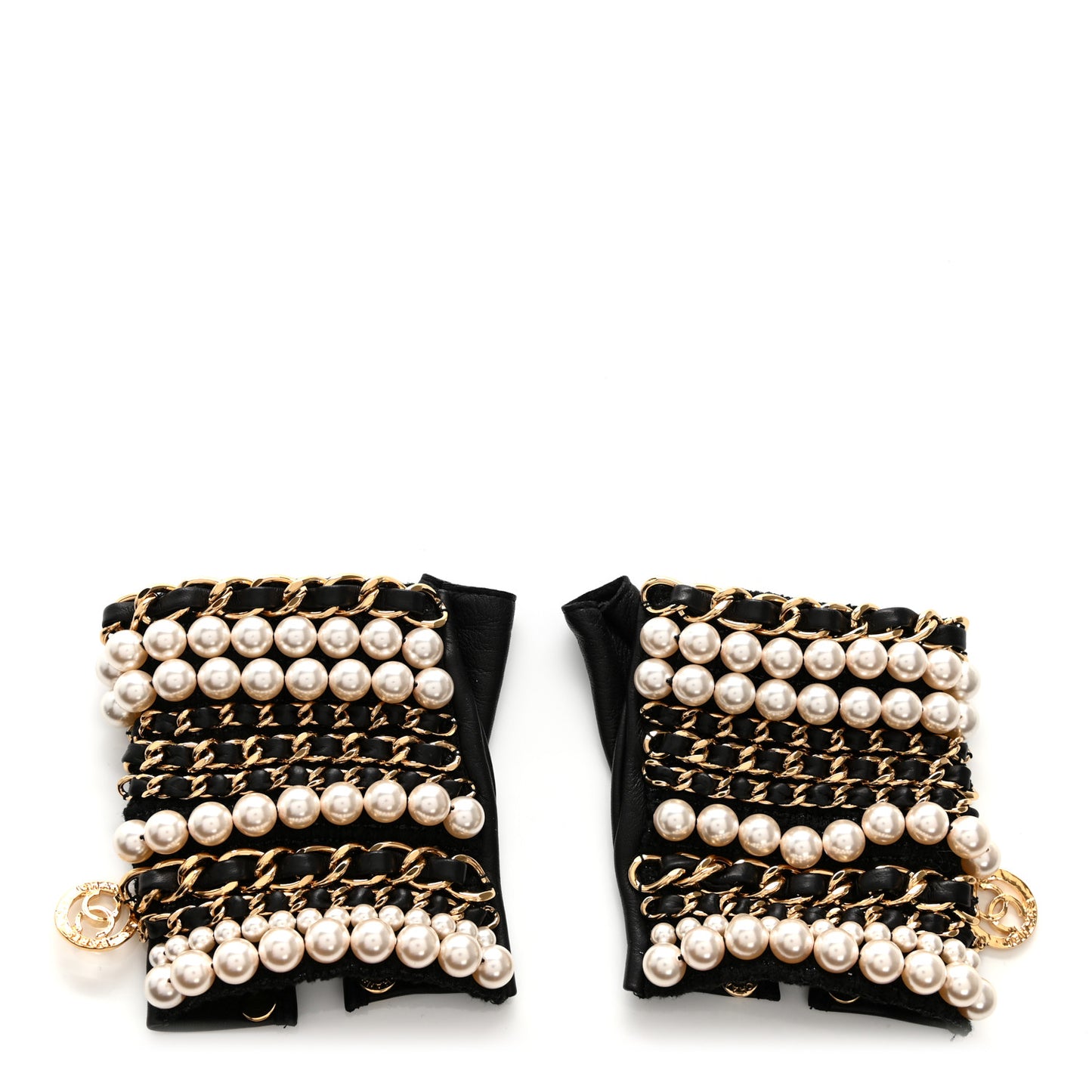 Lambskin Pearl Fingerless Chain CC Gloves 7 Black