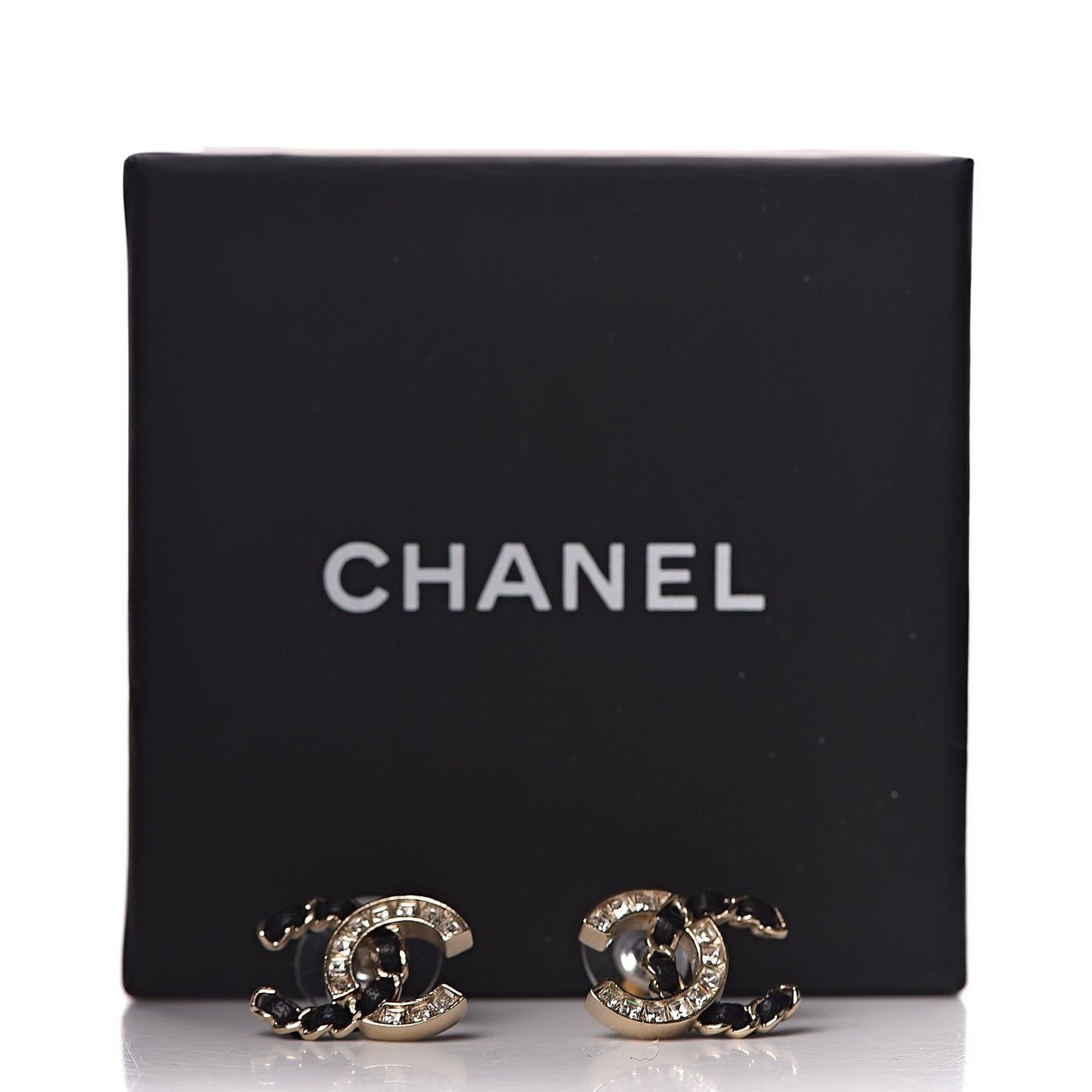 Crystal Baguette Lambskin Chain CC Vintage Allure Stud Earrings Black Gold