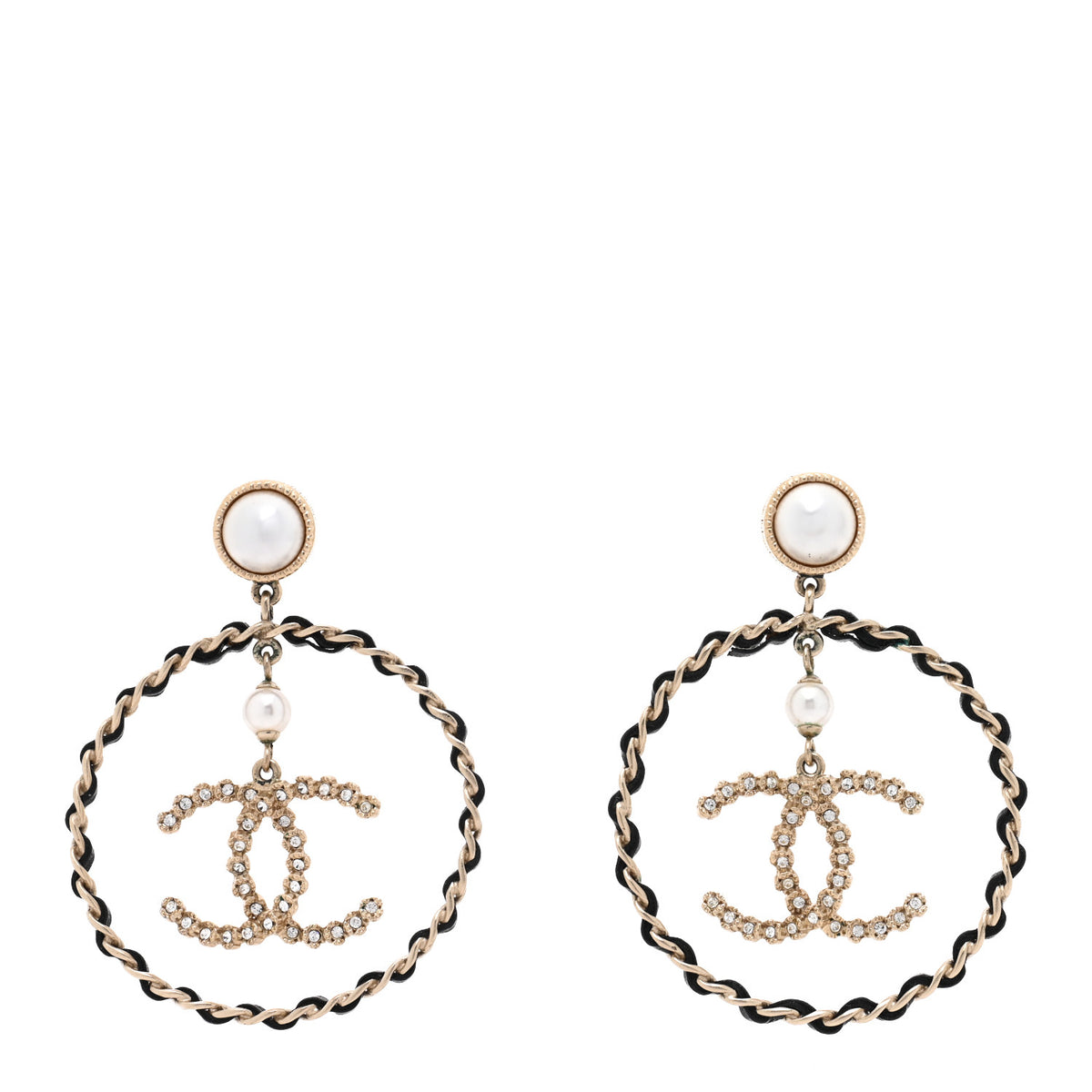 Lambskin Crystal Pearl CC Chain Hoop Earrings Gold Black