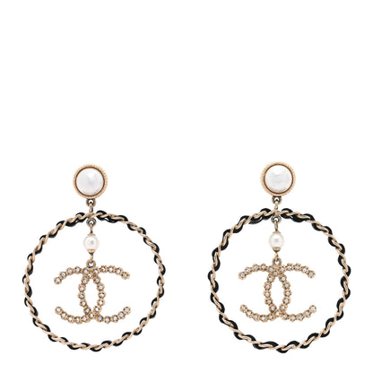 Chanel Lambskin Crystal Pearl CC Chain Hoop Earrings Gold Black 1 of 4