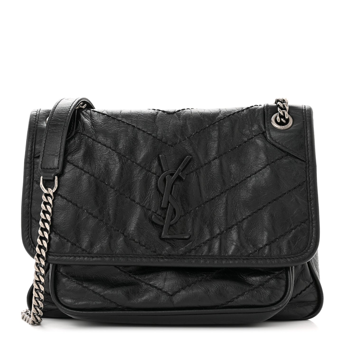 Crinkled Calfskin Matelasse Monogram Baby Niki Chain Satchel Black