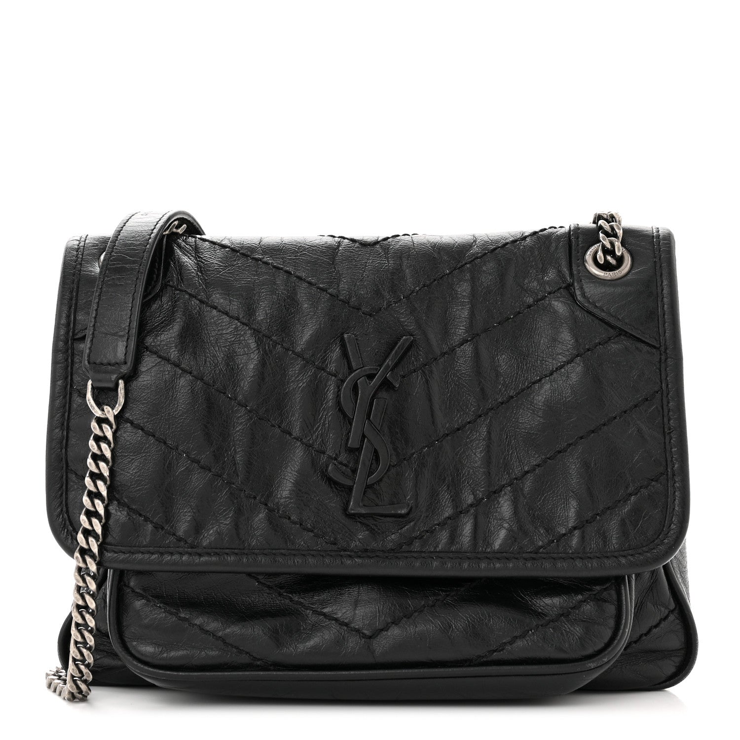 Saint Laurent Crinkled Calfskin Matelasse Monogram Baby Niki Chain Satchel Black 1 of 11