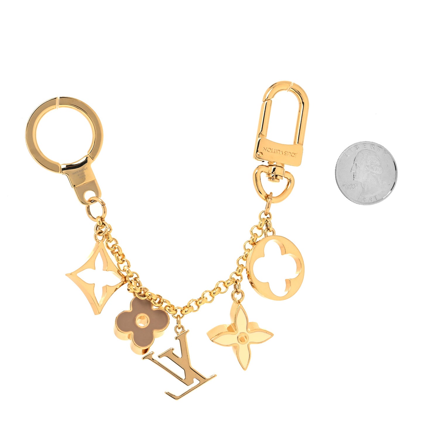 Brass Enamel Fleur De Monogram Bag Charm Chain Gold