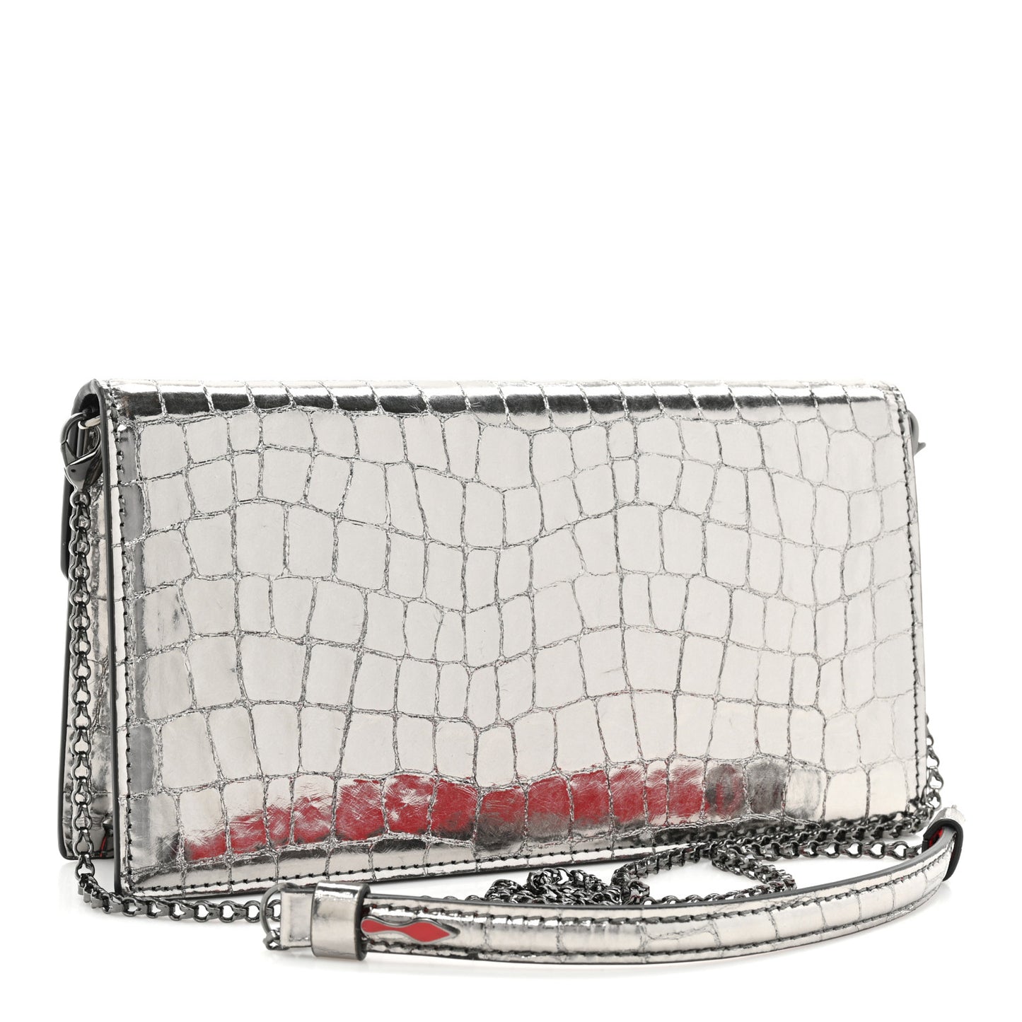 Metallic Embossed Crocodile Loubi54 Crossbody Clutch Silver