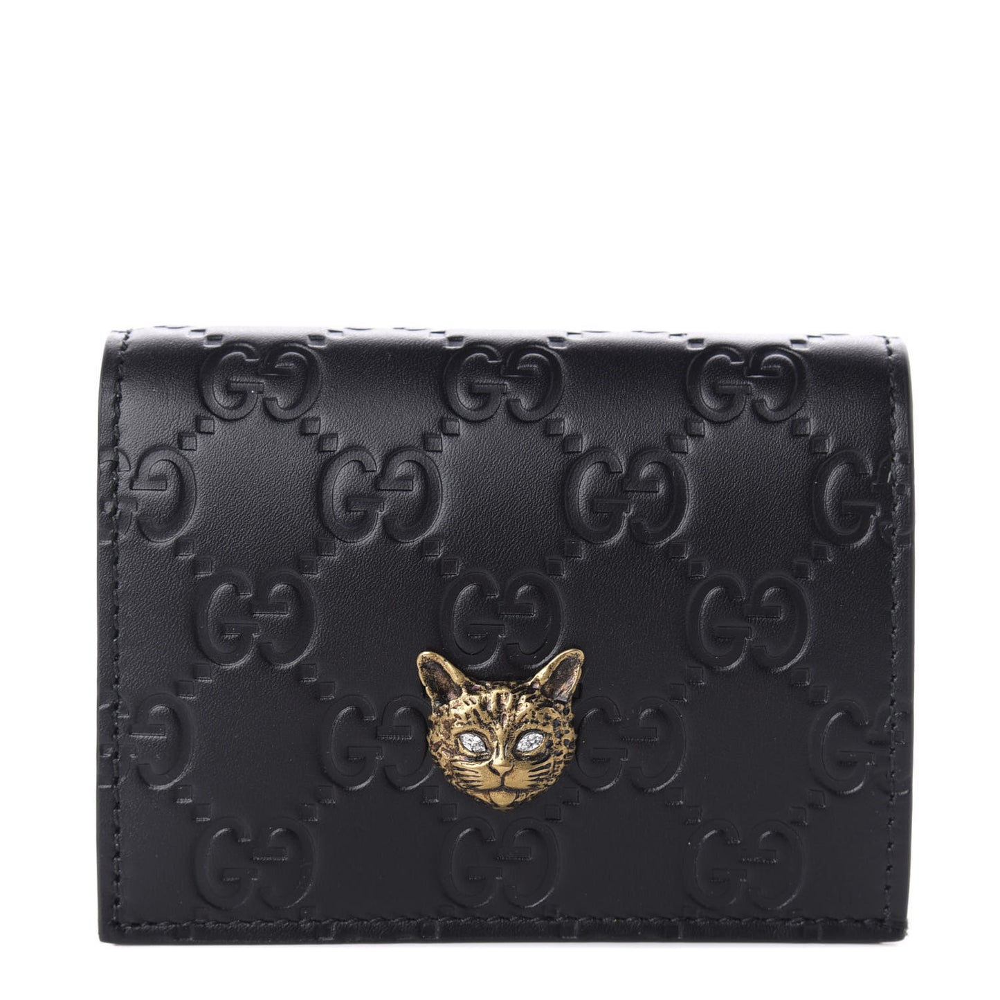 Guccissima Signature Crystal Cat Card Case Wallet Black