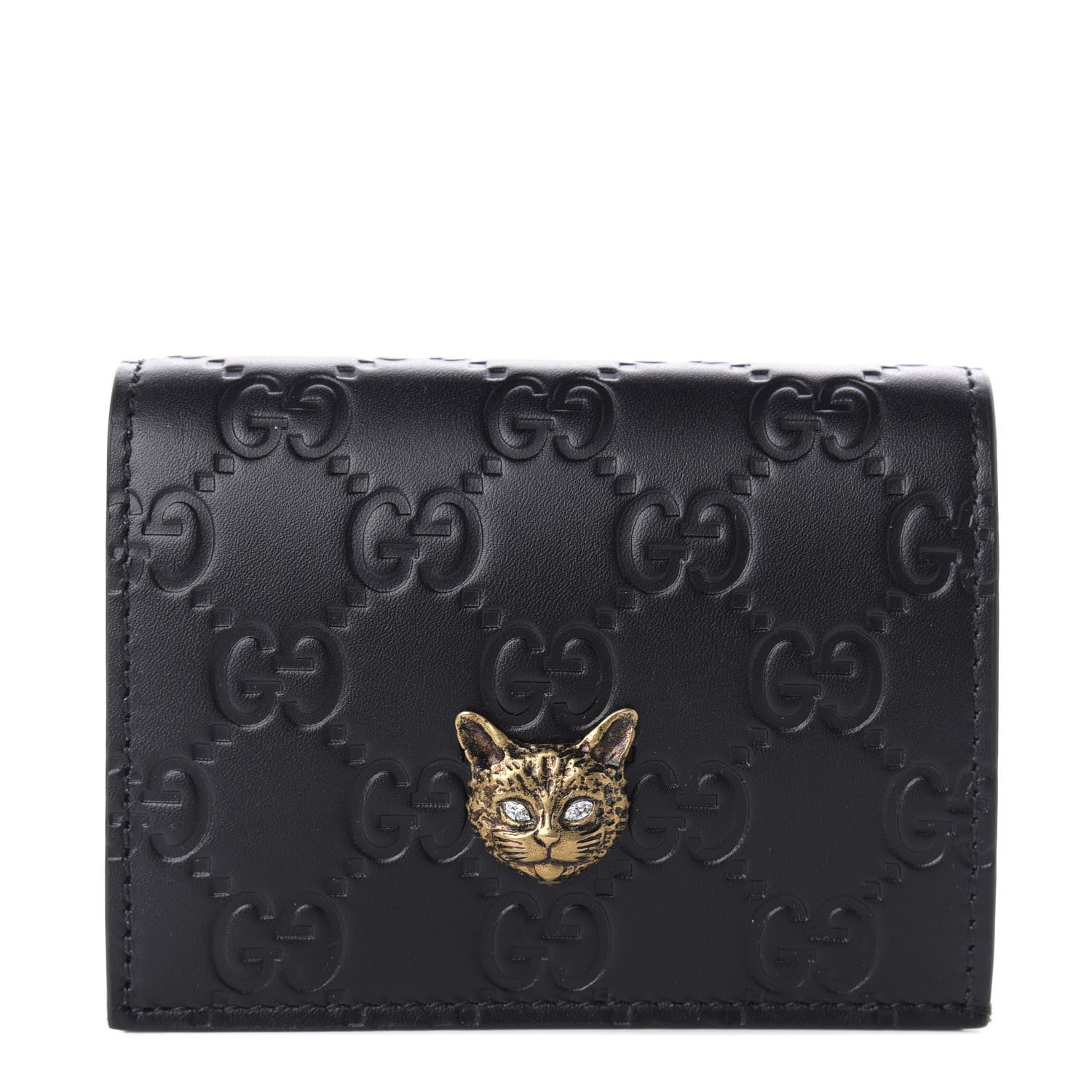 Gucci Guccissima Signature Crystal Cat Card Case Wallet Black 1 of 8