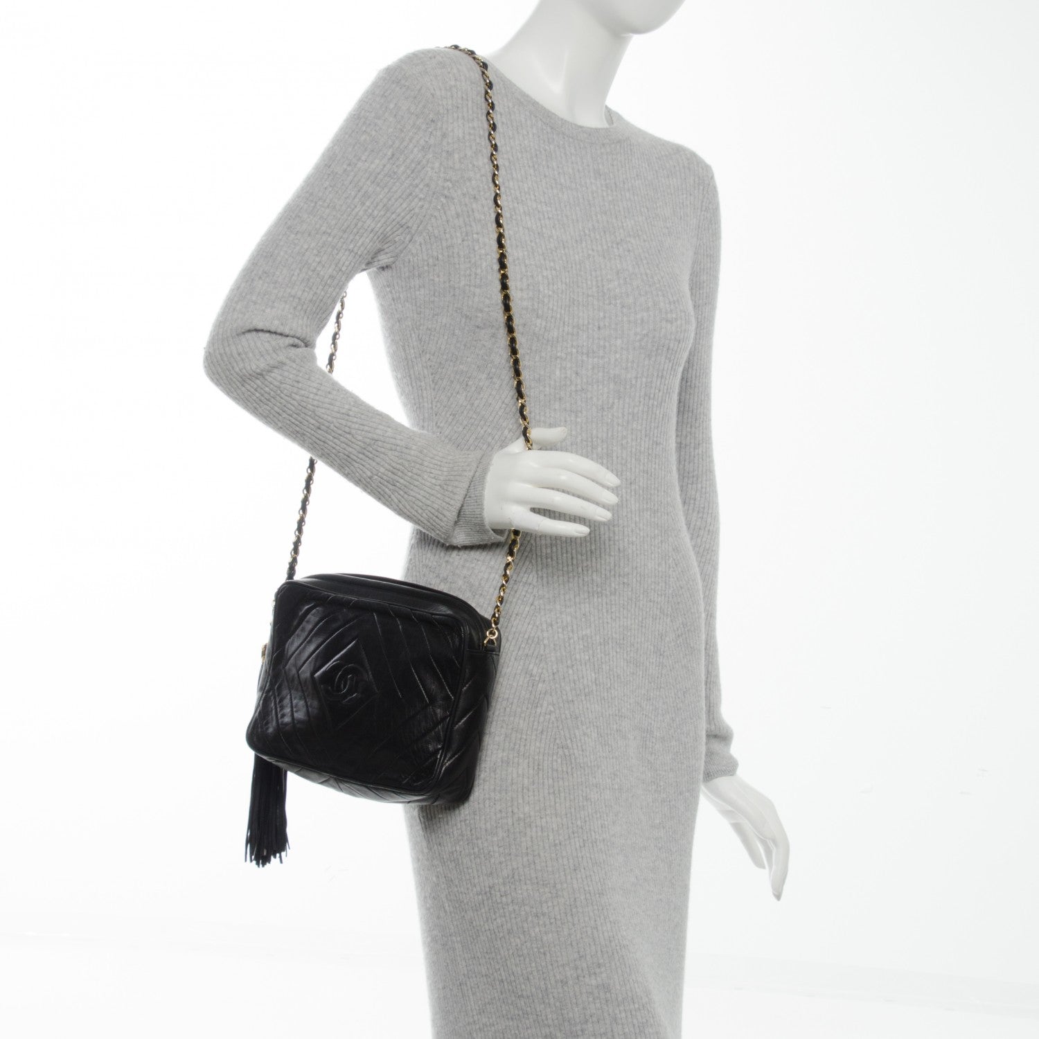Chanel Lambskin Chevron Tassel Camera Case Black 2 of 7