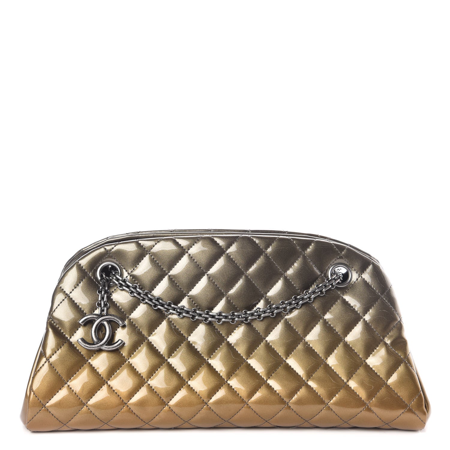 Chanel Metallic Patent Quilted Medium Just Mademoiselle Bowling Bag Gold Degrade 1 of 9