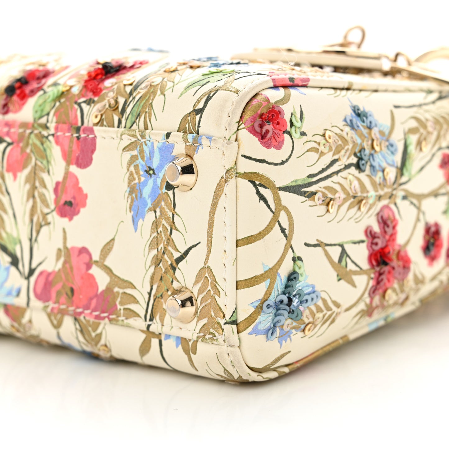Calfskin Hibiscus Printed Embroidered Mini Lady Dior Beige Multicolor