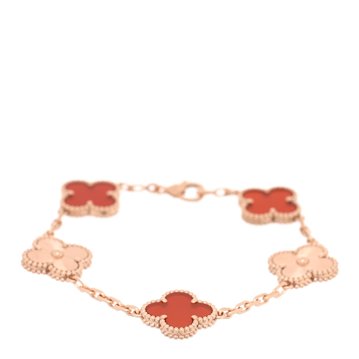 18K Rose Gold Carnelian 5 Motifs Guilloche Vintage Alhambra Bracelet