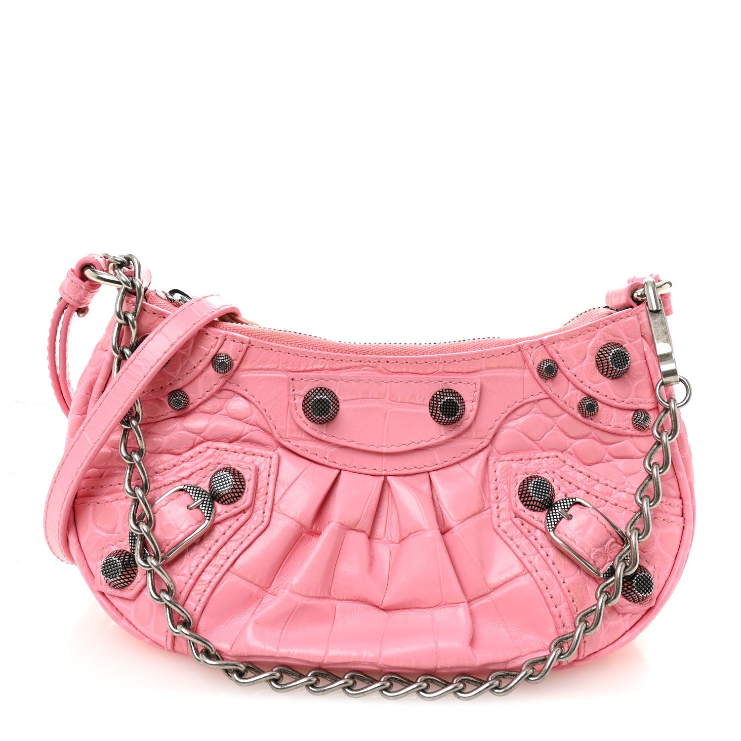 Balenciaga Extra Supple Calfskin Crocodile Embossed Le Cagole Mini Purse With Chain Sweet Pink 1 of 9