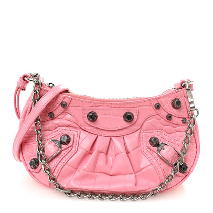Balenciaga Extra Supple Calfskin Crocodile Embossed Le Cagole Mini Purse With Chain Sweet Pink 1 of 9