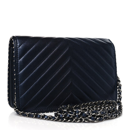 Chanel Lambskin Chevron Quilted Studded Wallet On Chain WOC Navy 3 of 14