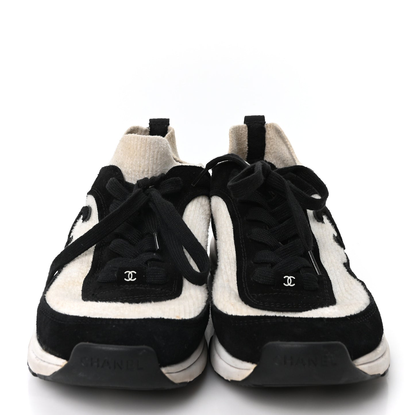 Knit Fabric Suede Calfskin Womens CC Sneakers  41 White Black
