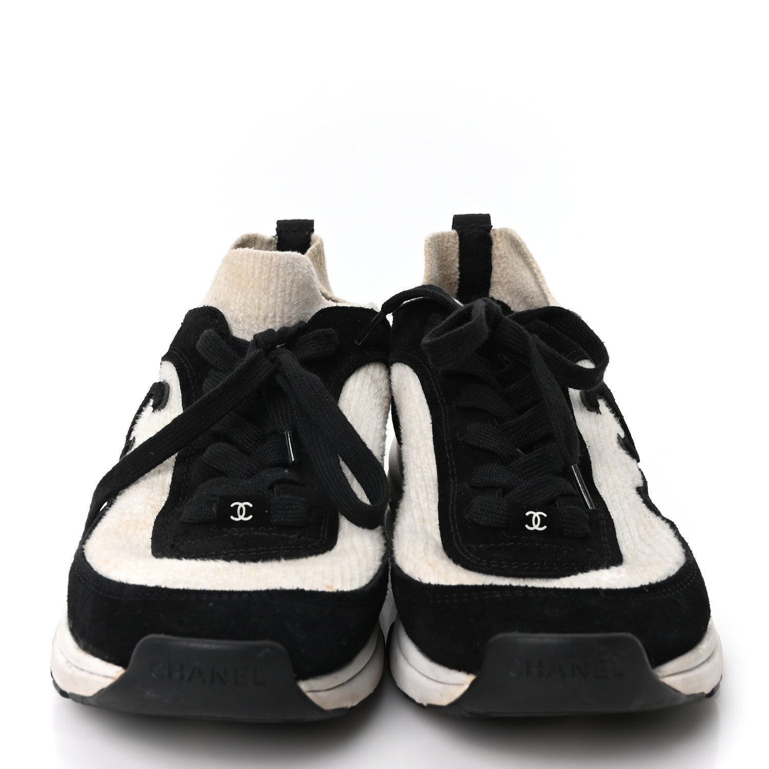 Chanel Knit Fabric Suede Calfskin Womens CC Sneakers  41 White Black 3 of 8