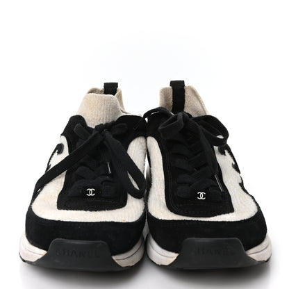 Chanel Knit Fabric Suede Calfskin Womens CC Sneakers  41 White Black 3 of 8