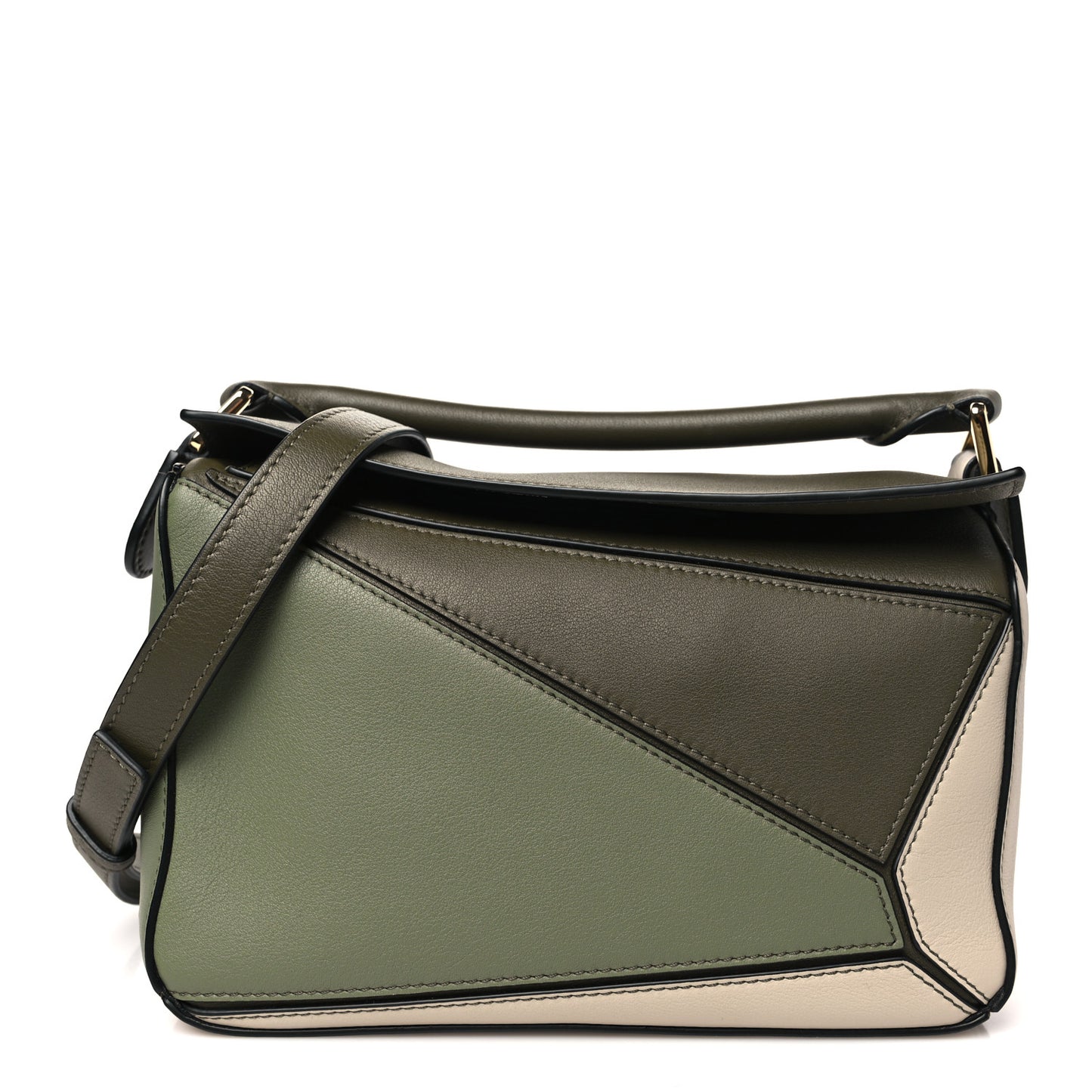 Grained Calfskin Small Puzzle Bag Autumn Green Light Oat