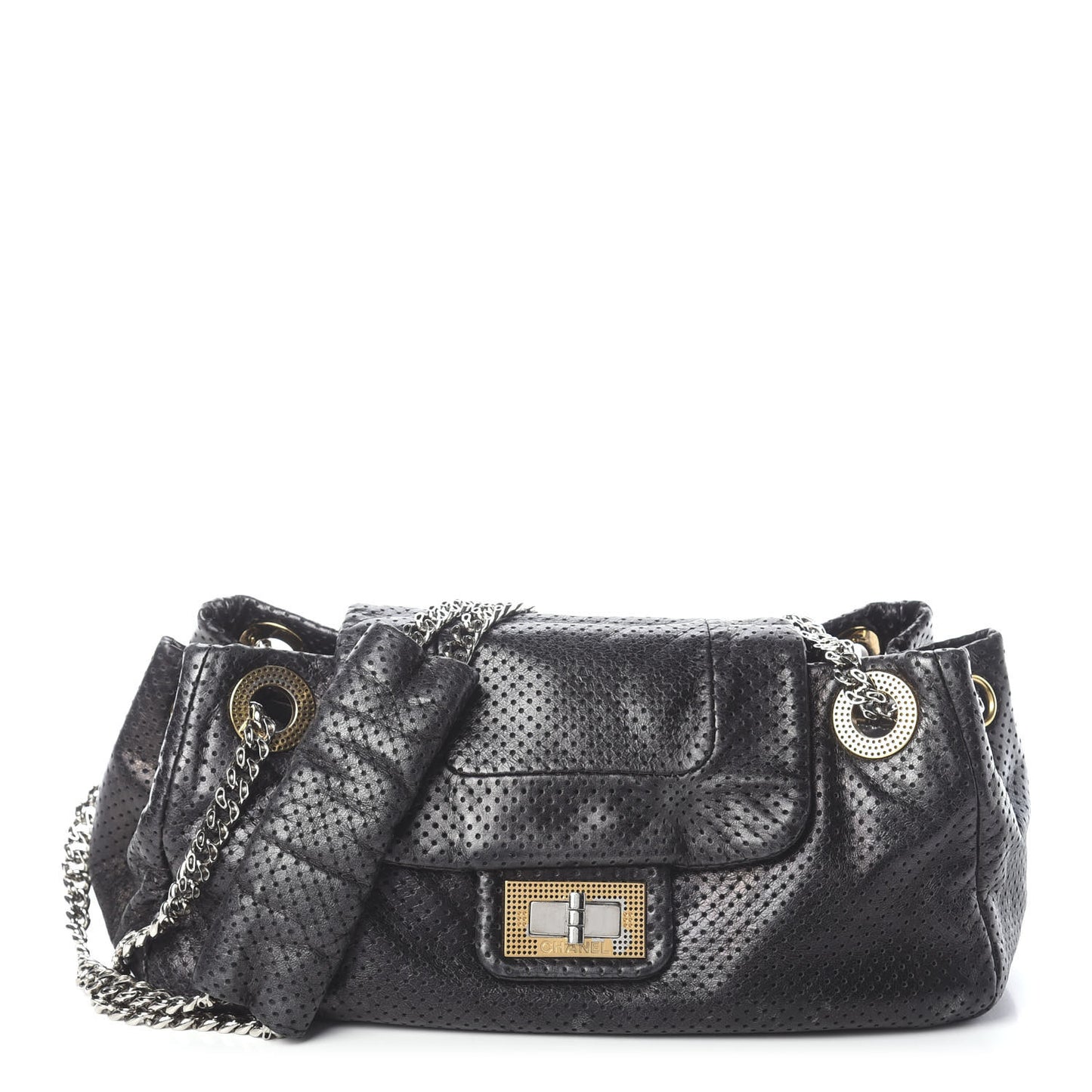 Metallic Calfskin Perforated Drill Accordion Flap Black