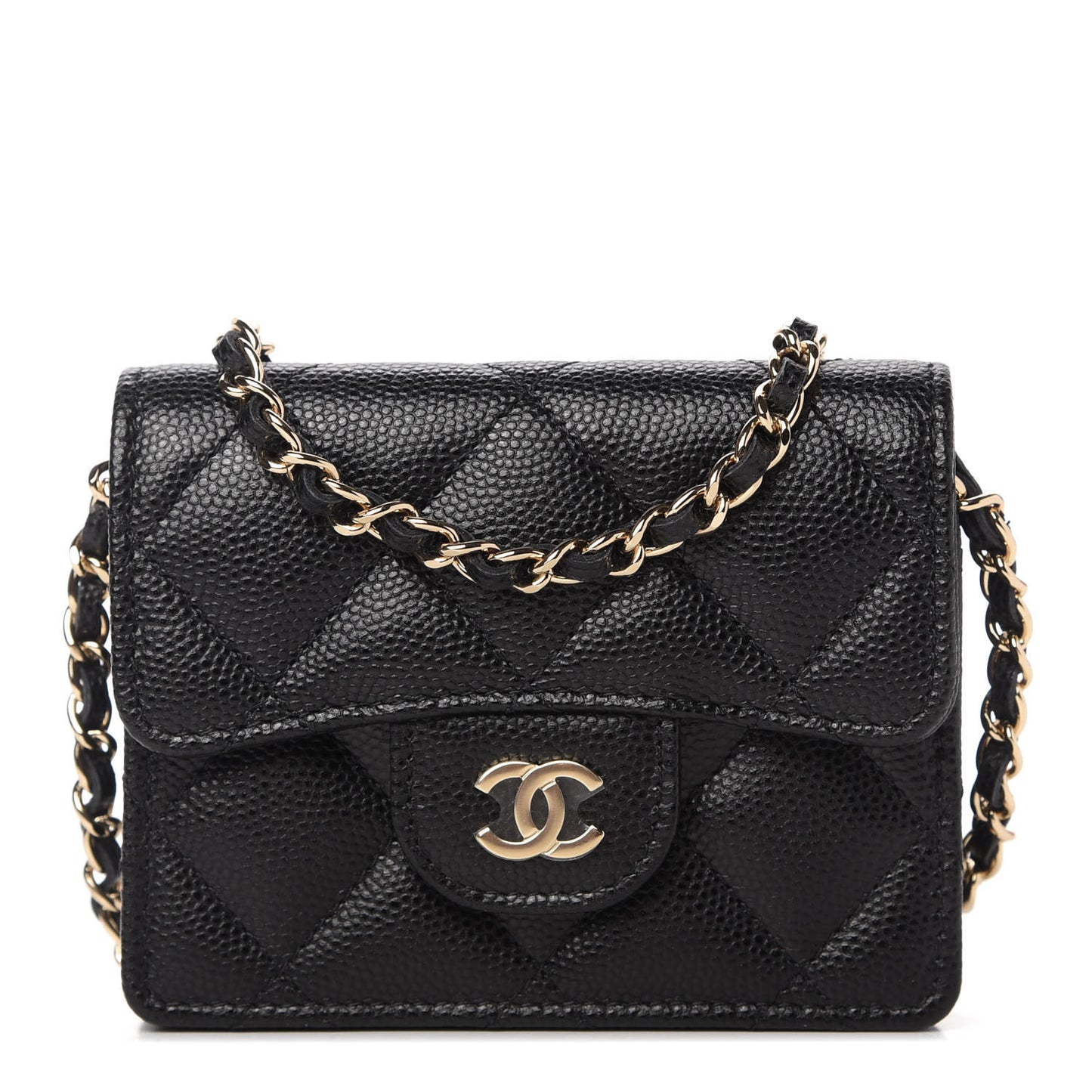 Caviar Quilted Flap Card Holder On Chain Black