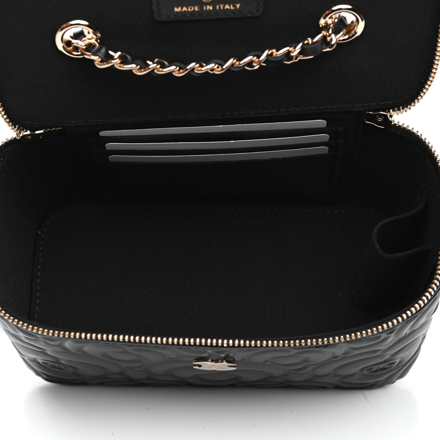 Goatskin Camellia Embossed Quilted Small Vanity Case With Chain Black