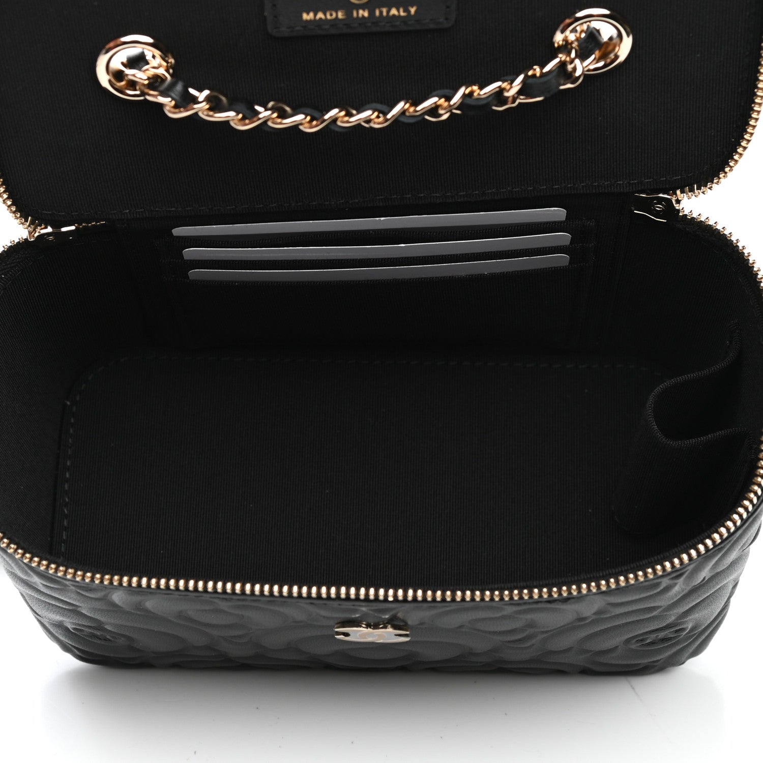 Chanel Goatskin Camellia Embossed Quilted Small Vanity Case With Chain Black 5 of 10