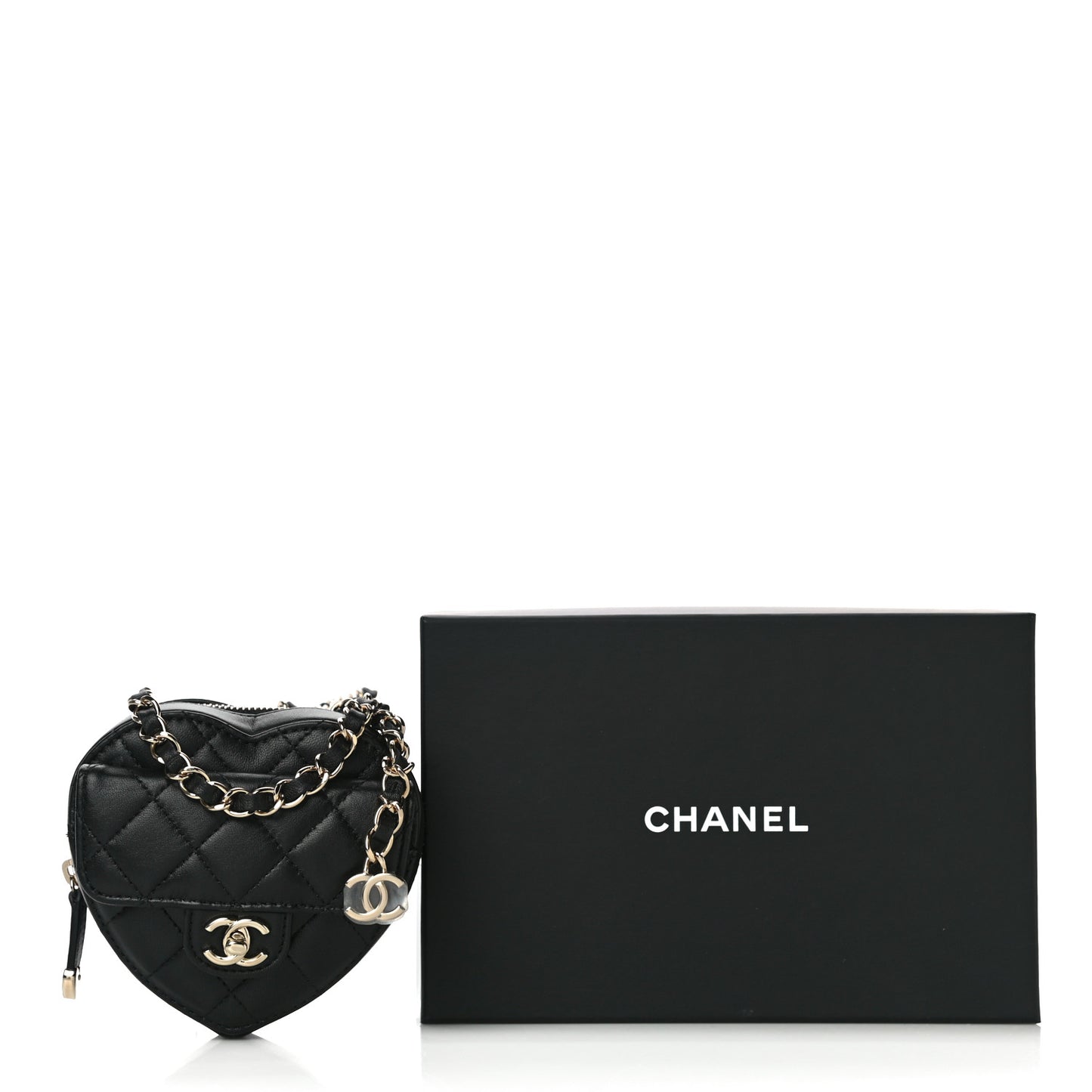 Lambskin Quilted CC In Love Heart Waist Belt Bag With Chain Black