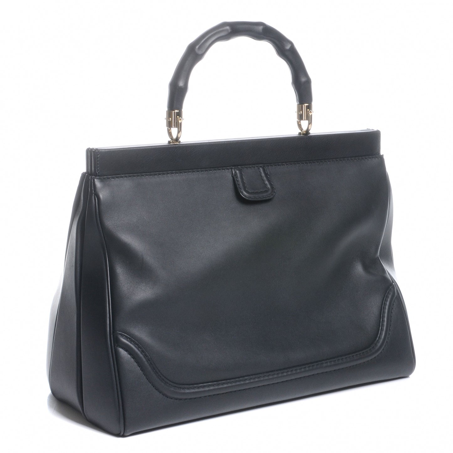 Leather Bold Bamboo Medium Top Handle Bag Black