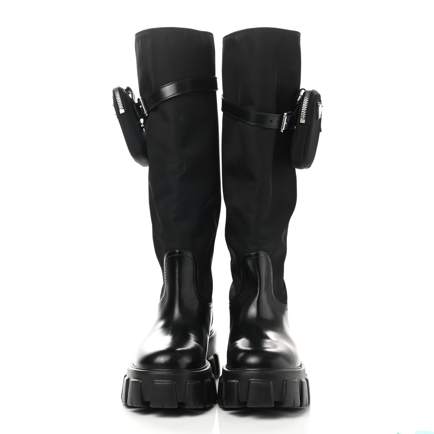 Prada Spazzolato Rois Re-Nylon Metal Triangle Logo Monolith Pouch Pocket 55mm Tall Boots 39.5 Black 2 of 8