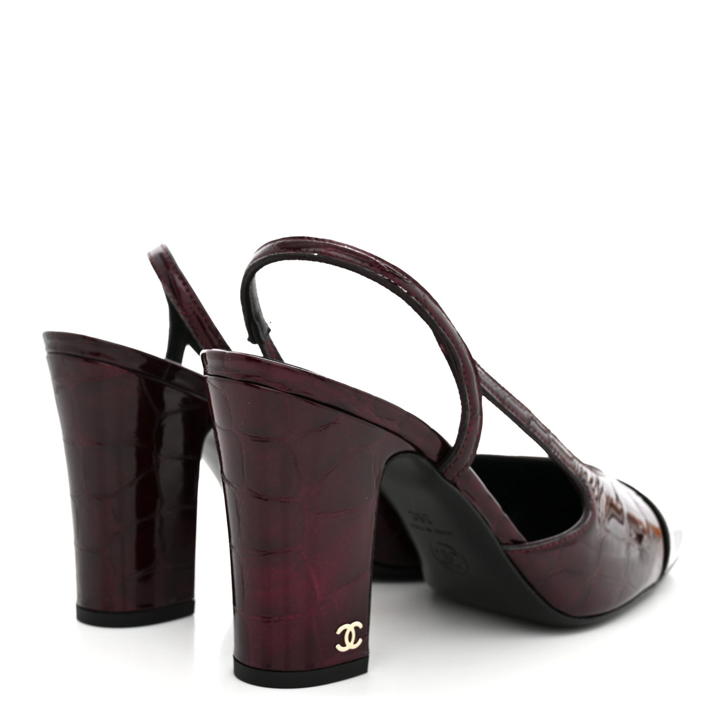 Patent Calfskin Crocodile Embossed Cap Toe CC Slingback 38 Dark Burgundy Black