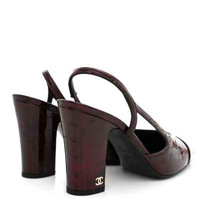 Chanel Patent Calfskin Crocodile Embossed Cap Toe CC Slingback 38 Dark Burgundy Black 5 of 10