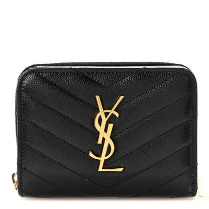 Saint Laurent Grain De Poudre Matelasse Chevron Monogram Compact Zip Around Wallet Black 1 of 9