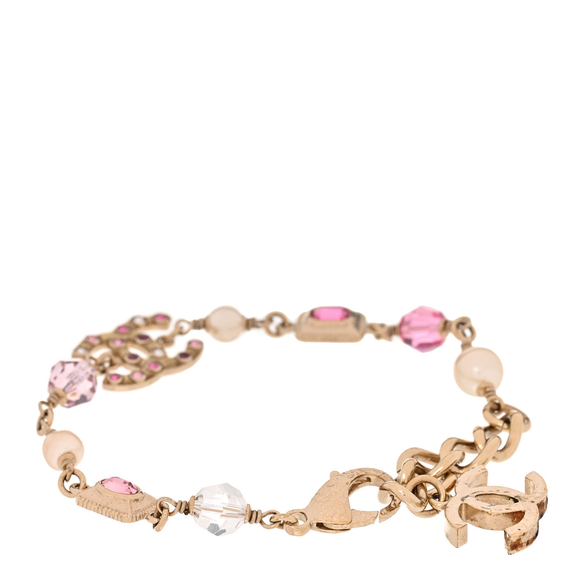 Metal Glass Crystal Strass Pearl CC Chain Bracelet Gold Multicolor Pearly White