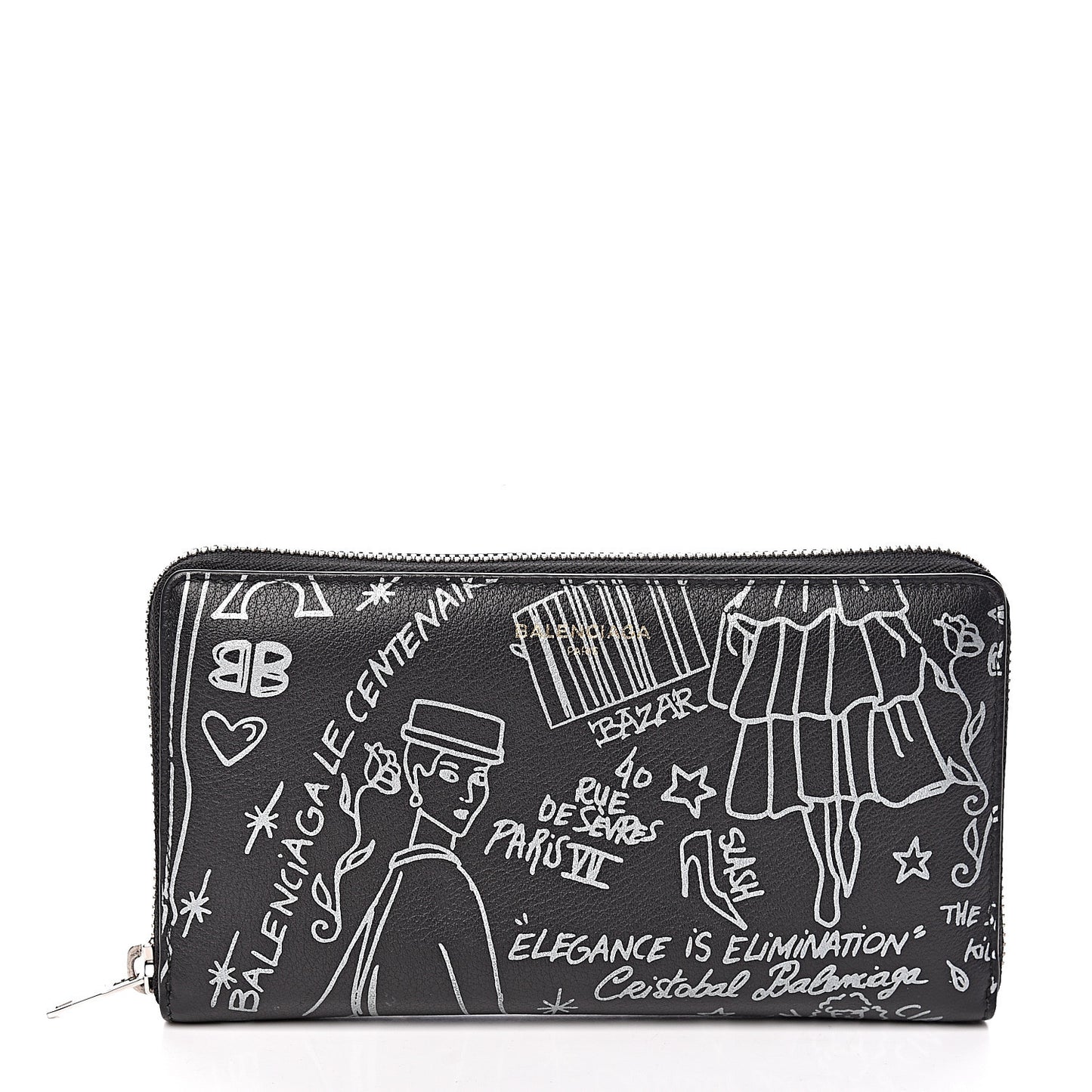 Calfskin Classic Silver Hardware Printed Tattoo Everyday Continental Zip Around Wallet Black