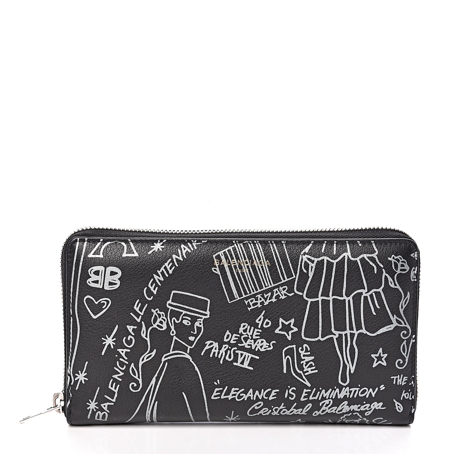 Balenciaga Calfskin Classic Silver Hardware Printed Tattoo Everyday Continental Zip Around Wallet Black 1 of 7