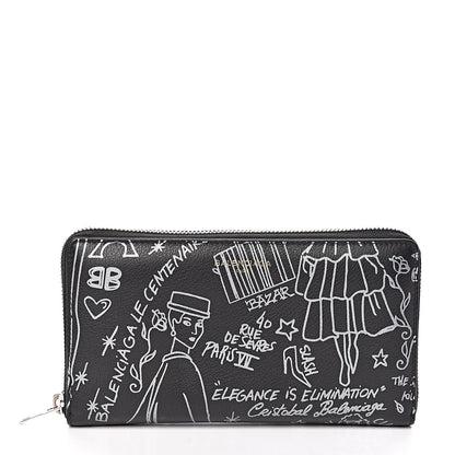 Balenciaga Calfskin Classic Silver Hardware Printed Tattoo Everyday Continental Zip Around Wallet Black 1 of 7