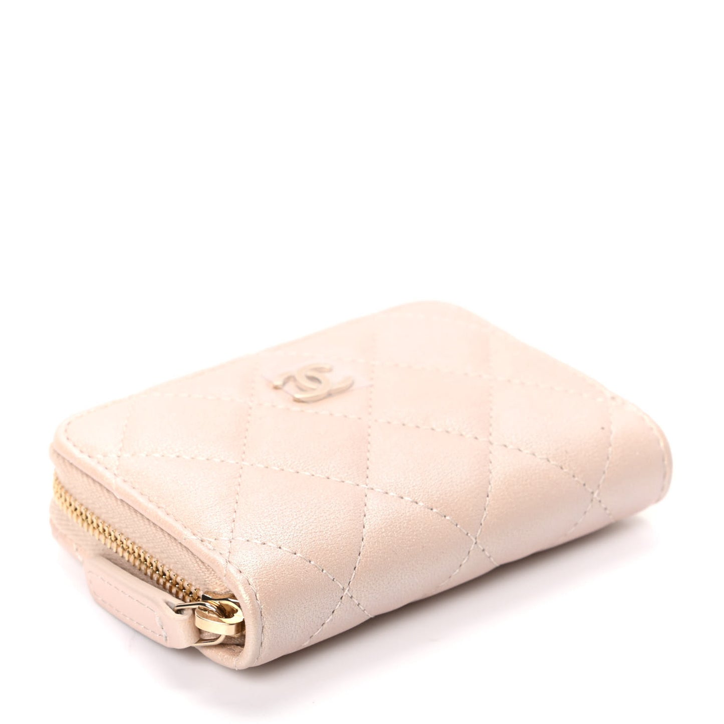 Iridescent Calfskin Quilted Zip Coin Purse Wallet Beige