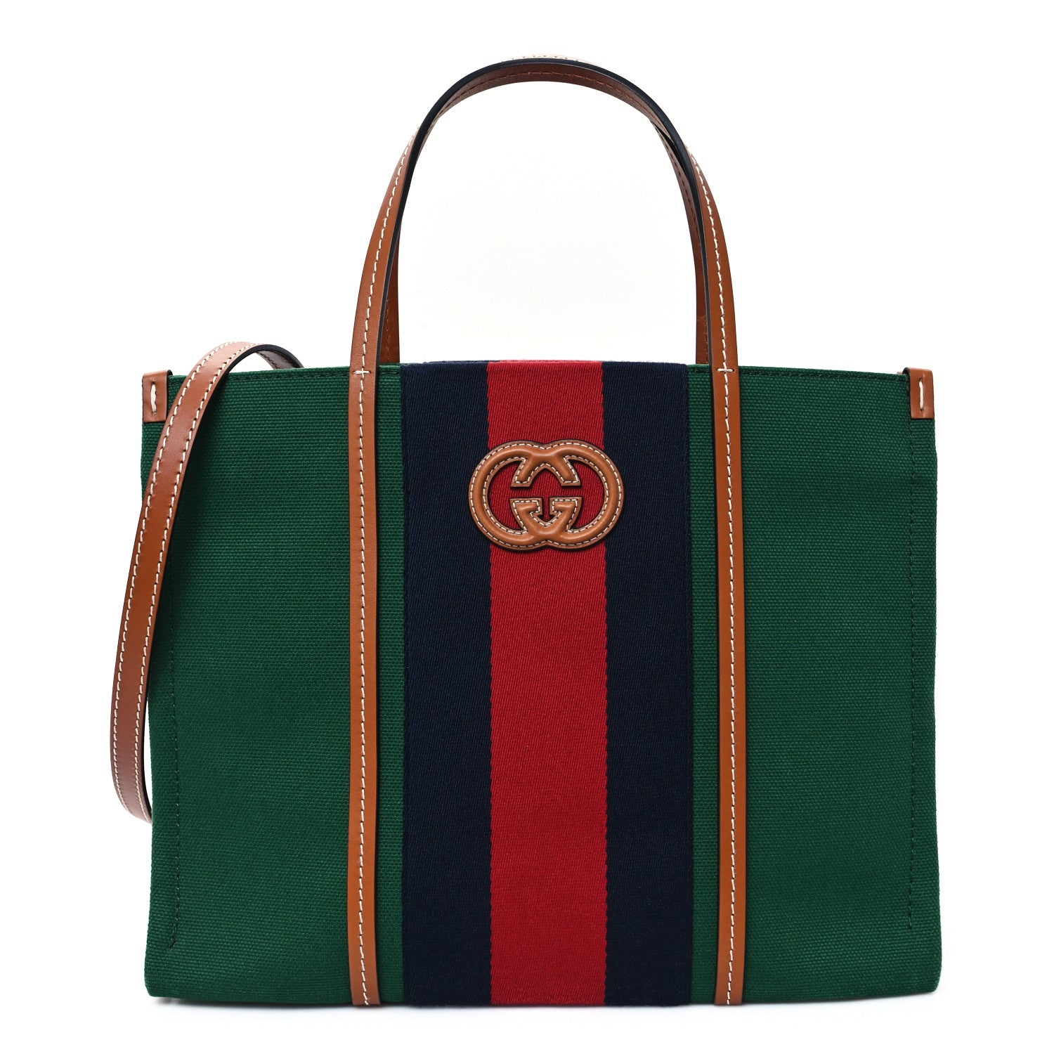 Gucci Canvas Calfskin Web Small Interlocking G Tote Bag Green Red 1 of 9