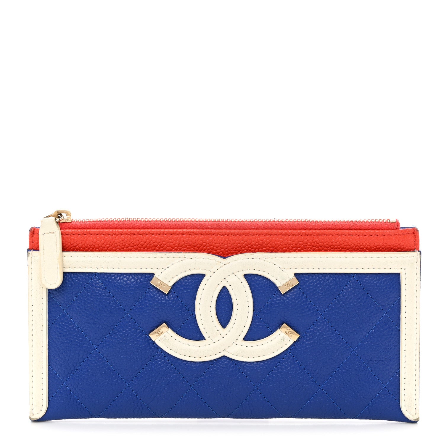 Chanel Caviar Quilted Filigree Zip Pouch Blue White Red 1 of 9