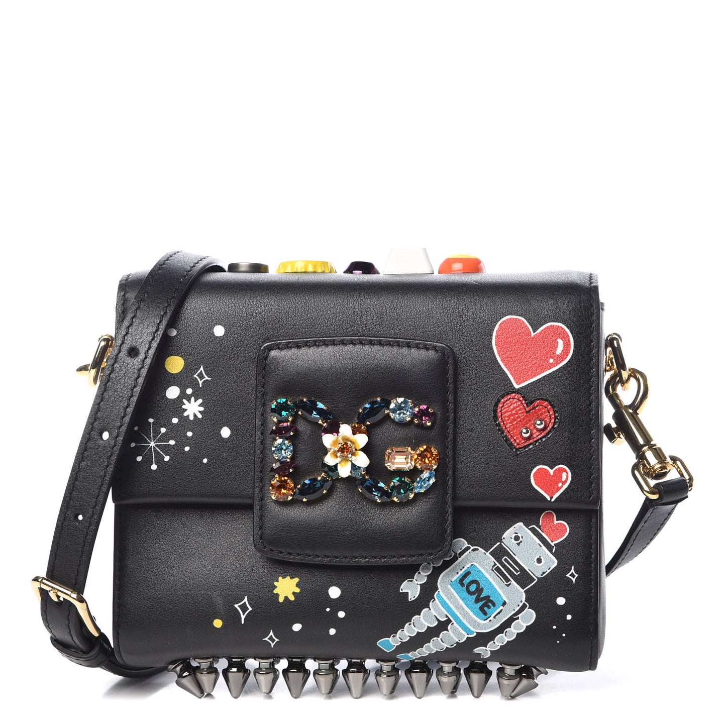 Crystal Embellished Calfkskin Mini Milennials Robot Satchel Black